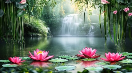 Serene Waterfall Oasis: Pink Lotus Blossoms Reflecting in a Tranquil Pond