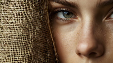 Close-up of a person revealing expressive eyes framed by natural fabric during a calm moment in a rustic setting