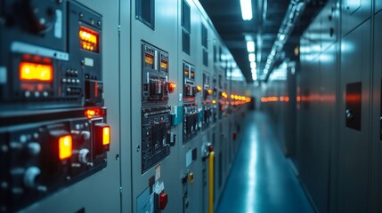 Electrical control panels powering industrial data center with blinking lights