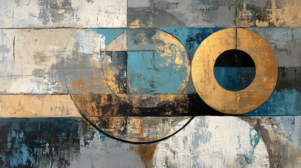 Abstract modern painting with circles and shapes in gray, beige, blue, brown, white, and gold colors
