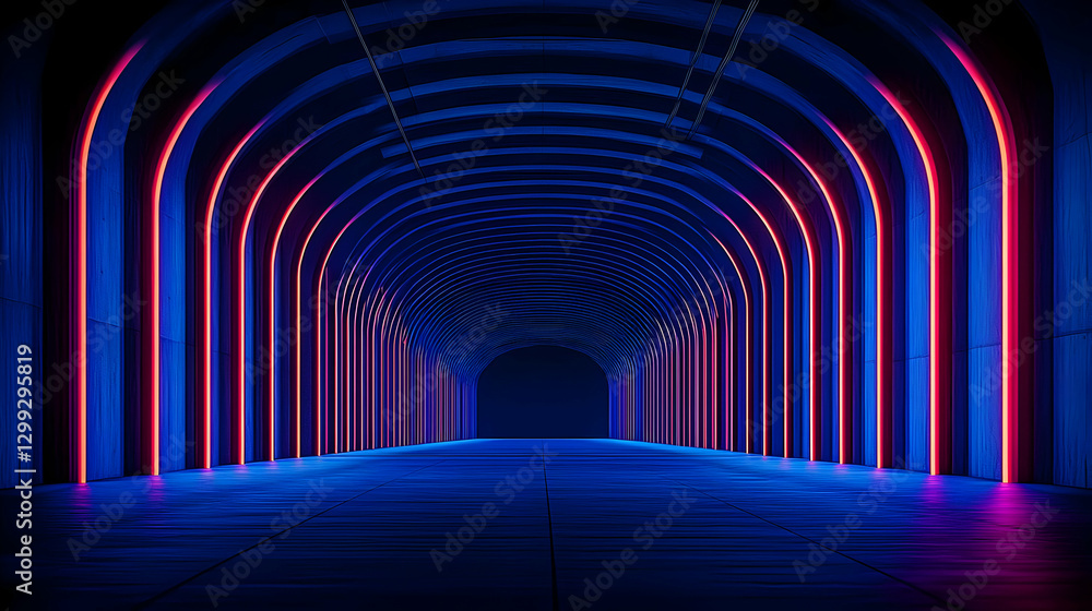Poster futuristic illuminated tunnel with neon lights and symmetrical architectural design