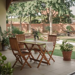 Fototapeta premium Cozy outdoor terrace with wooden furniture, green plants, and a table, perfect for relaxation and peaceful moments