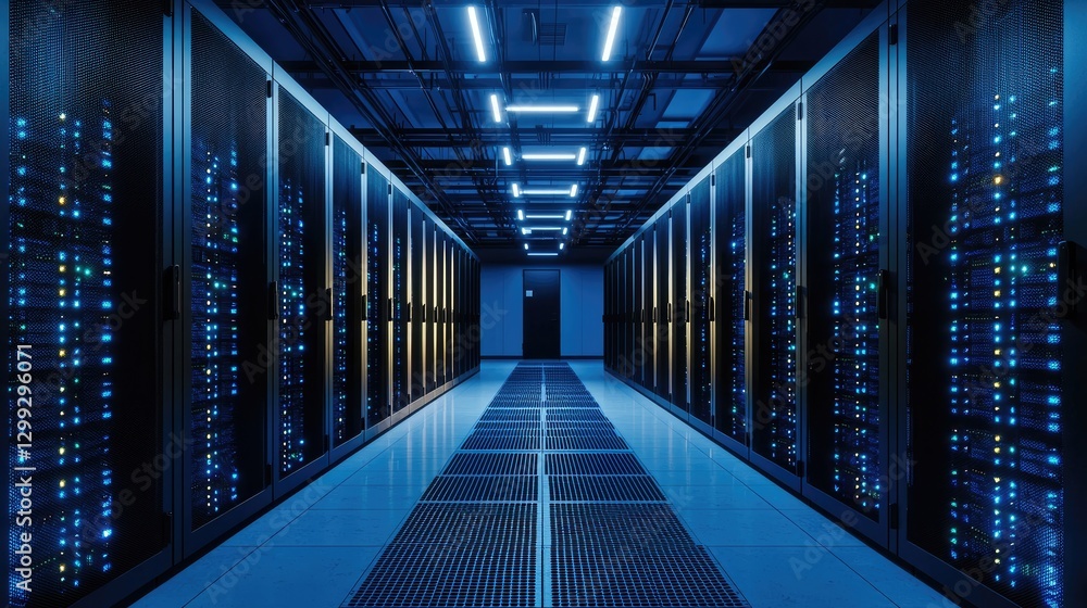 Aufkleber Modern data center with illuminated server racks and advanced cooling. Ideal for cloud computing, cyber security, and data storage