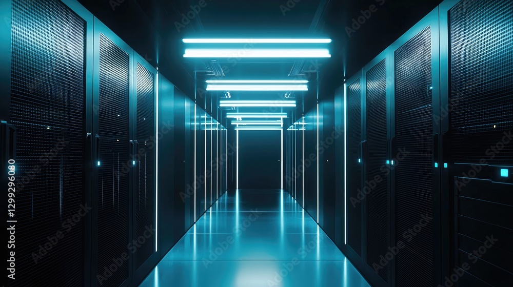 Poster futuristic data center corridor with glowing blue lights and sleek server racks. ideal for cloud com