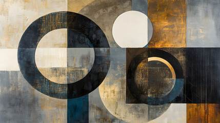Abstract modern painting with circles and shapes in gray, beige, blue, brown, white, and gold colors
