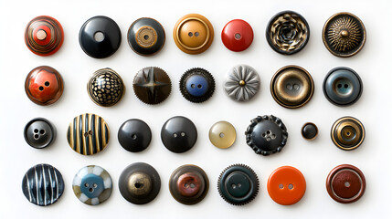 Collection of colorful buttons arranged in a pattern on a white background showcasing various designs and styles