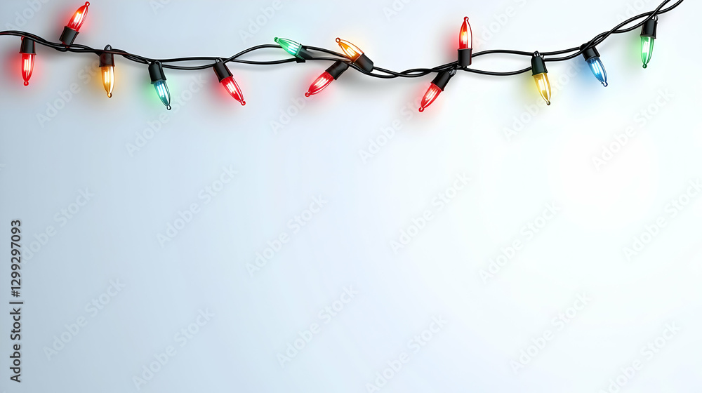 Poster string of colorful christmas lights on white background with copy space