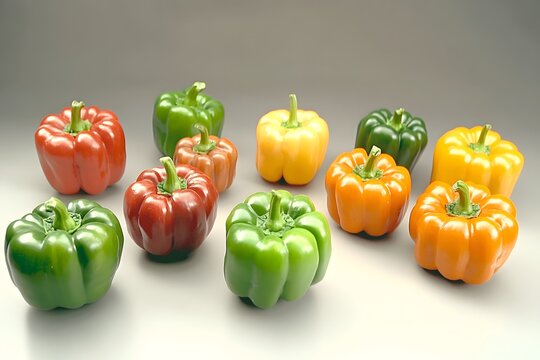Vibrant Bell Pepper Assortment: A colorful collection of ripe bell peppers in various shades, displaying a photorealistic composition against a soft background.