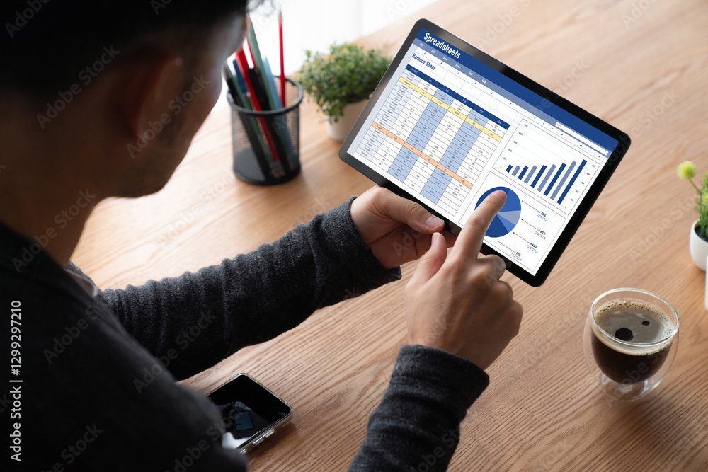 Poster spreadsheet document information financial startup concept. data and graphs in spreadsheet documents