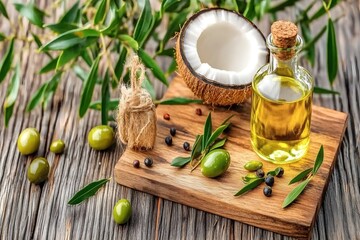 Olive Oil and Coconut: A bottle of golden olive oil sits beside a halved coconut, surrounded by olives, olive leaves, and peppercorns on a rustic wooden board.