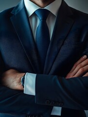 Confident Businessman in Suit with Arms Crossed Exuding Authority and Leadership