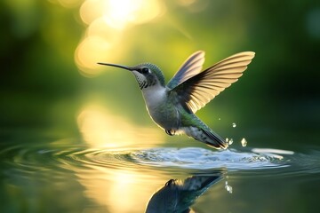 Fototapeta premium Hummingbird flying over water at sunset with reflection