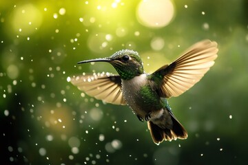 Obraz premium Hummingbird flying in tropical rain with open wings