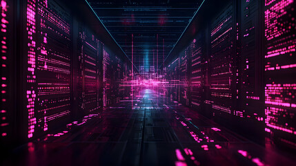 Obraz premium Digital Server Room Interior with Pink and Blue Lights and Grid Pattern