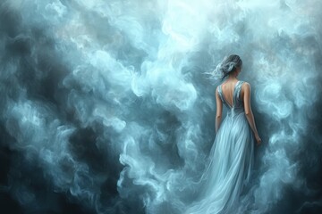 Naklejka premium Fantasy woman in blue gown walking through swirling clouds