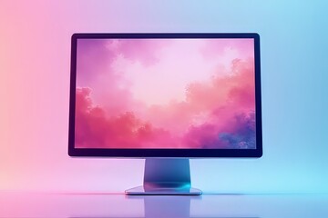 Fototapeta premium Modern Computer Monitor with Vibrant Pink and Purple Clouds Display