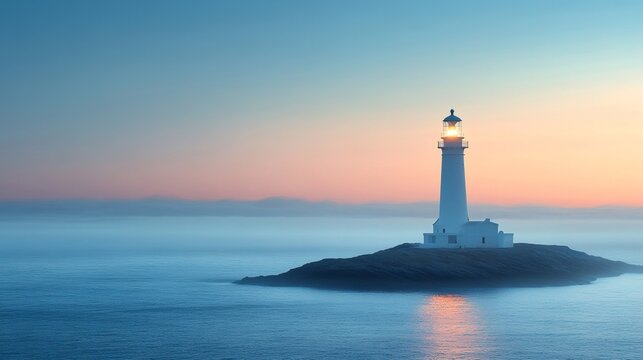 Lighthouse shining on rocky island in misty ocean at sunset