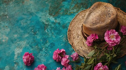 Rustic hat with pink roses on teal background; summer, still life, floral arrangement; ideal for blogs, websites