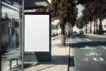 Bus stop with a blank billboard mockup for advertising. Modern urban setting with a tree-lined road, bike lane, and reflections on glass. Ideal for branding or promotional design
