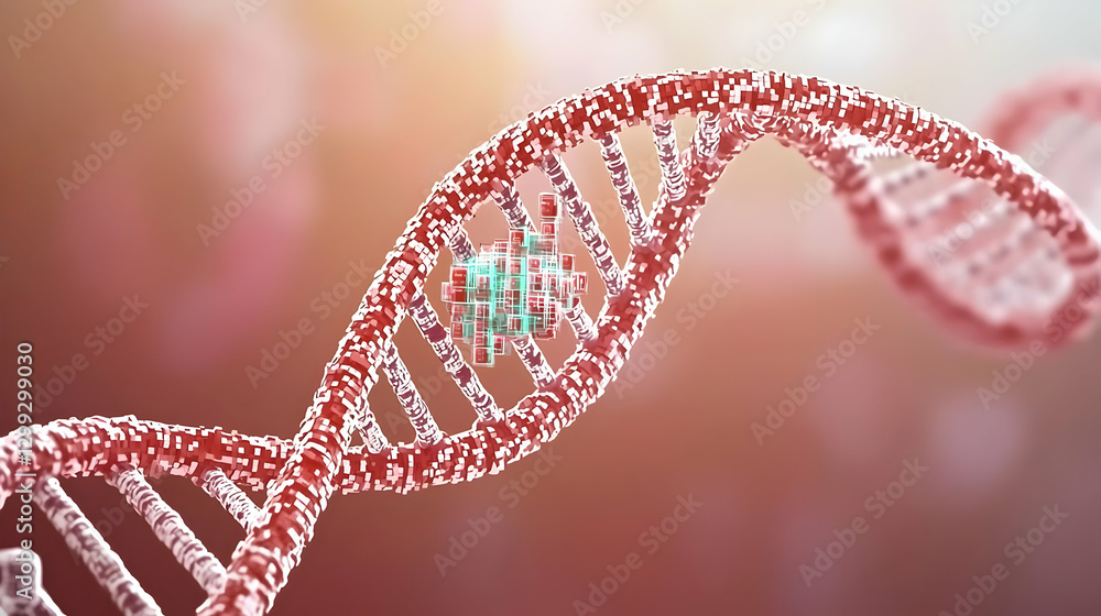 Poster 3d rendered red and cyan dna strand against a soft blurred pink background with macro view