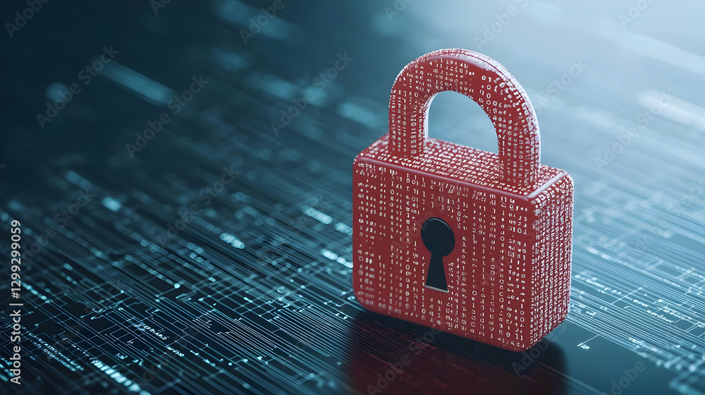 Poster red digital lock icon over blue data stream illustrating cybersecurity and information security