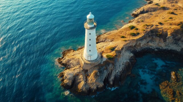 White lighthouse standing on rocky coastline during golden hour