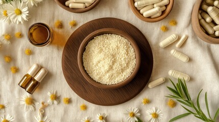 A minimalistic arrangement featuring a bowl of echinacea powder, capsules, essential oil bottles, and daisy flowers on a textured fabric background