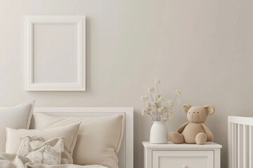 Empty white picture frame in a nursery bedroom. Use for interior design