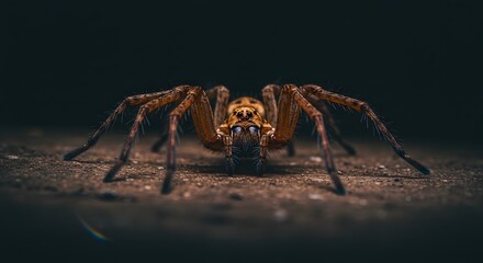 Spider Crawling on Ground Close Up in Dark Background