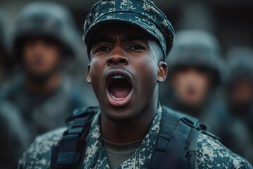 Soldier shouting orders to his squad during training exercise