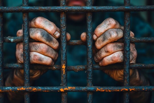 Prisoner gripping rusty bars, imprisonment and desperation concept