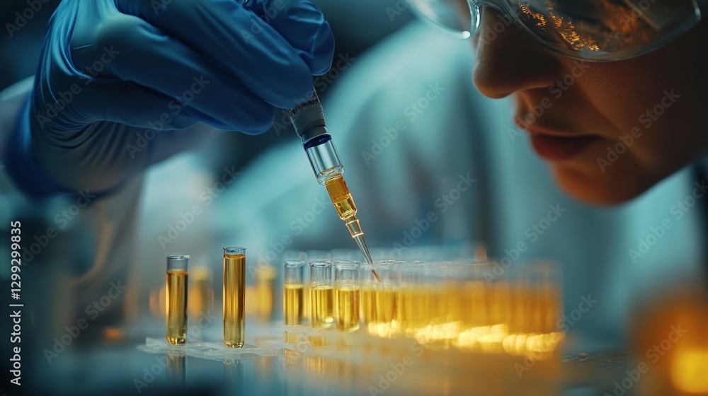 Poster precision in research: scientist analyzing samples with pipette in laboratory setting for scientific