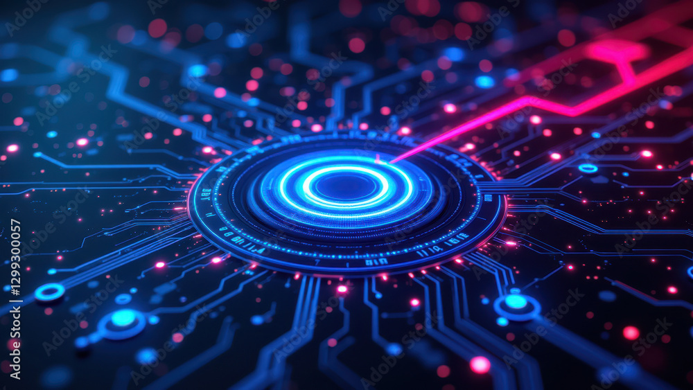 Poster high-tech digital art illustration of a network with glowing data processing centers for ci/cd pipel