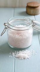 Salt Crystals: Capturing the subtle beauty of sea salt crystals, a glass jar holds coarse salt crystals, presented against a rustic backdrop.