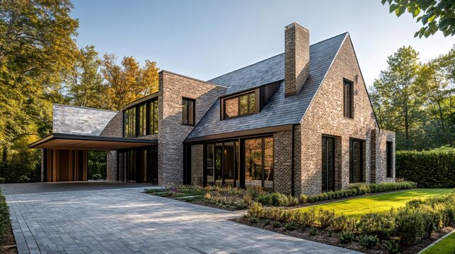 Modern brick house with slate roof and chimney nestled in forest
