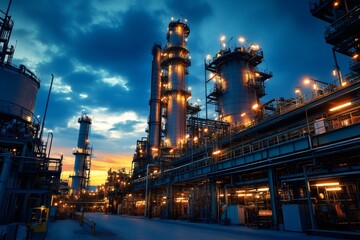 Oil refinery plant processing fuel at twilight with dramatic sky