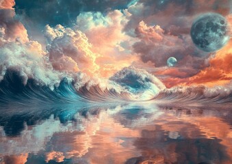 tidal wave on an alien planet, with alien moonsets reflecting in the monstrous water body