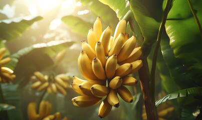 Ripe Bananas Growing on Plantation at Sunset