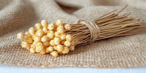 A bundle of dried valerian roots tied with twine, resting on a textured burlap fabric