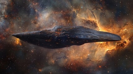 generation ship traveling between stars, reflecting cosmic dust and nebula lights on its steel hull
