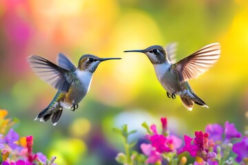 Fototapeta premium Two hummingbirds hovering and facing each other in a colorful garden