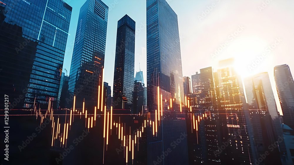 Poster illuminated skyscrapers with digital data overlay during daytime showing market analysis