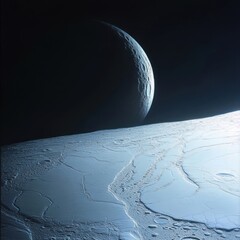an ice-covered moon like Enceladus, showcasing its icy surface gleaming in subtly reflected sunlight against the backdrop of the deep black void of space