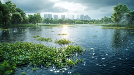 Fototapeta premium Rainy Day Reflection: Urban Skyline Emerging from a Lakeside Vista Under Heavy Rainfall, Lush Greenery and Serene Water Define a Moment of Nature's Embrace.