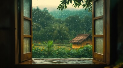 Rain falling on lush green landscape seen through open window