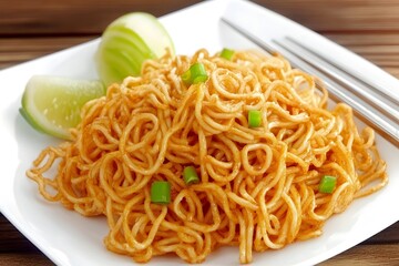 Savory Noodles Delight: A close-up shot captures a mouthwatering serving of delicious noodles with chopsticks, garnished with fresh lime on a plate. The image is an appetizing feast for the eyes