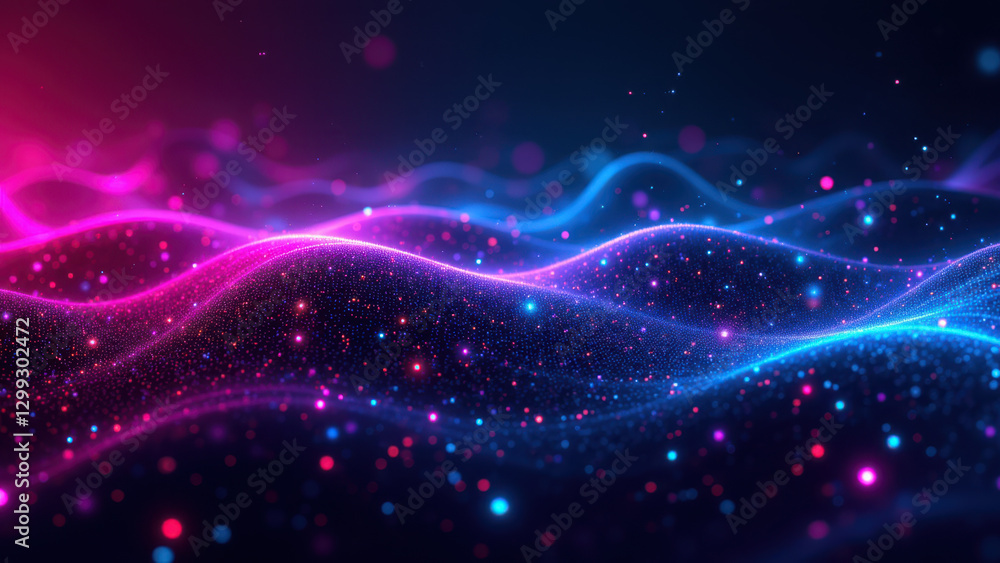 Poster dynamic digital waves with a neon galaxy theme, symbolizing software development processes.