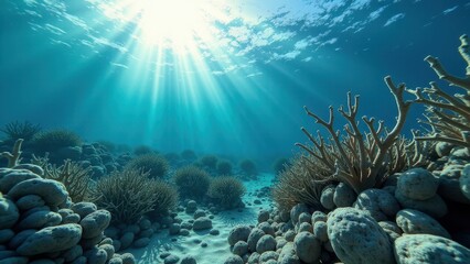 Sunlight streaming through clear ocean water on a coral reef affected by bleaching	