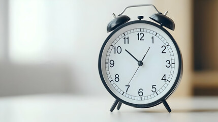 Classic Black And White Alarm Clock On White Table Showing Time Concept