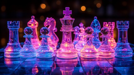 Glowing transparent chess set high resolution photo